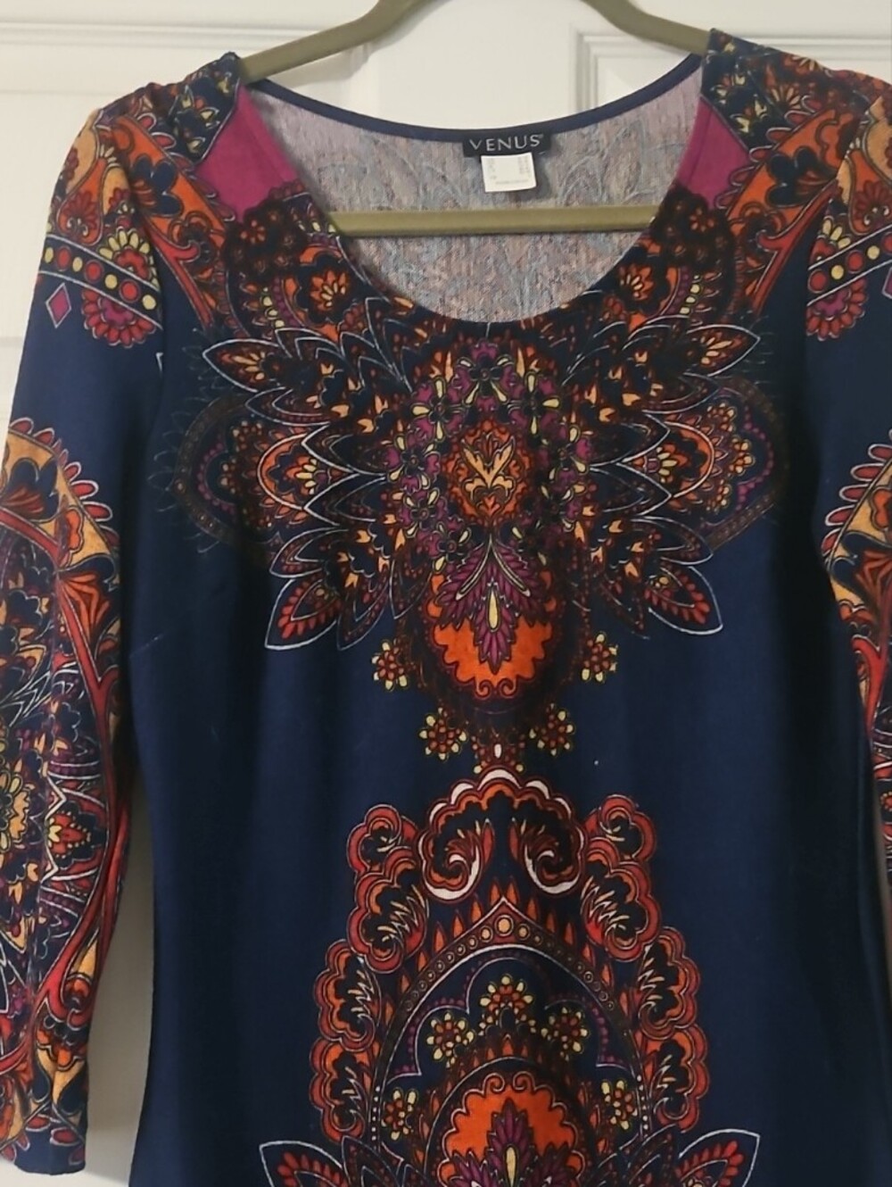 VENUS Navy 3/4 Length Sleeve Dress with Orange & Pink Mandala Print